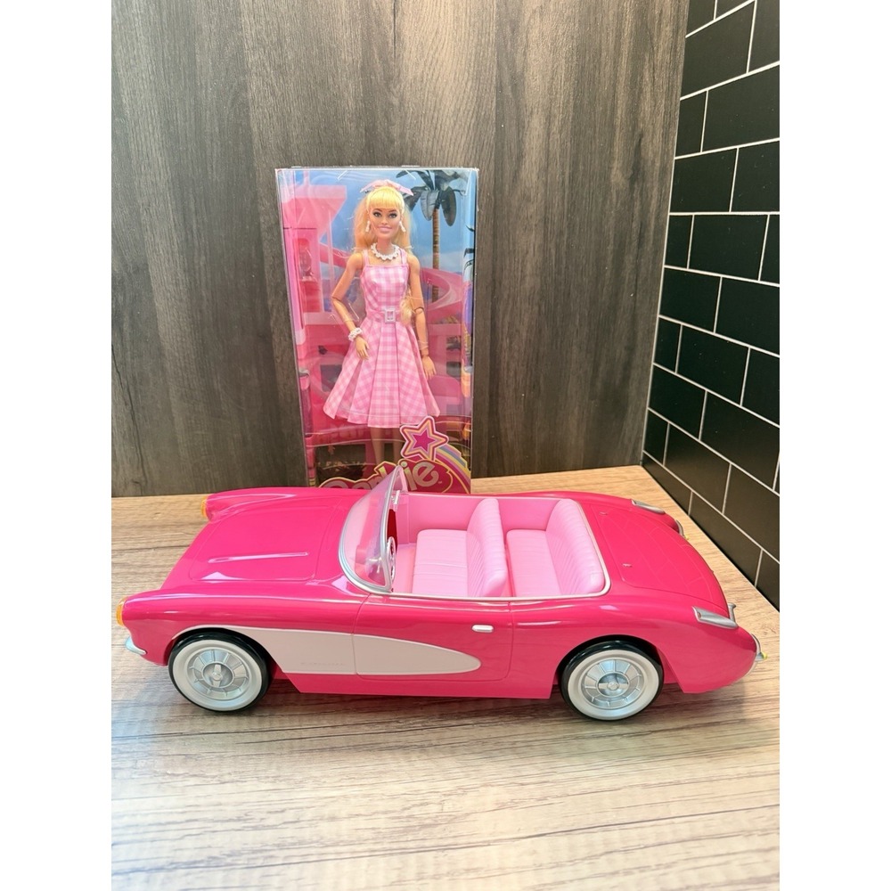 Barbie The Movie Margot Robbie Doll Pink Gingham & AMC Corvette Popcorn Car